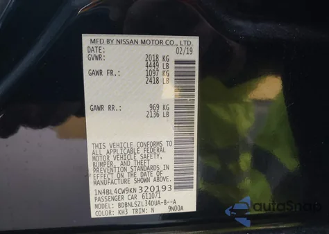 2019 Nissan Altima 2.5 Sr from USA, damaged, VIN 1N4BL4CW9KN320193